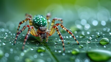 Fototapeta premium Close-up view of a vibrant green spider adorned with colorful markings on a leaf covered in sparkling dew droplets, highlighting nature's intricate beauty and detail.