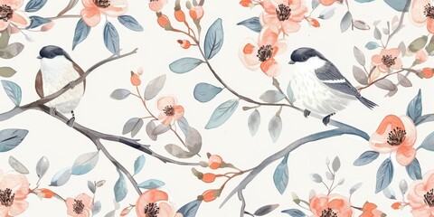 Chickadee Birds and Floral Pattern Watercolor Illustration