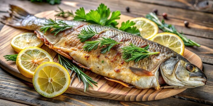 Grilled whole fish garnished with fresh herbs and lemon slices on a wooden serving board, presented on a rustic wooden table, perfect for a healthy and flavorful seafood meal.
