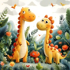 Whimsical Cartoon Dinosaurs Frolicking in a Lush Prehistoric Landscape