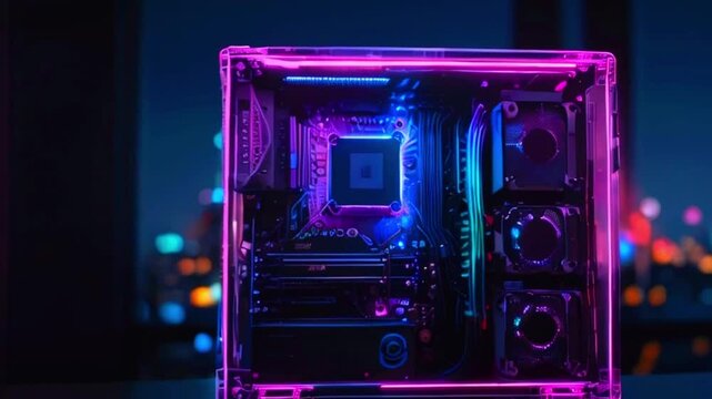 The video is a close-up of a clear computer case with a colorful motherboard inside, with a blurred city skyline in the background.
