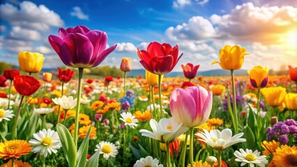 Fototapeta premium Lush flower field with vibrant tulips, marigolds, and daisies in full bloom, exemplifying the beauty of summer , vivid