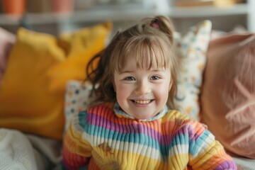 Fototapeta premium Cute smiling little girl with Down Syndrome in bright clothes spending time at home