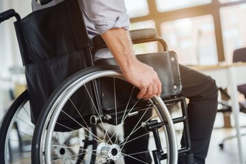 Obraz premium Disabled man in wheelchair is working in office