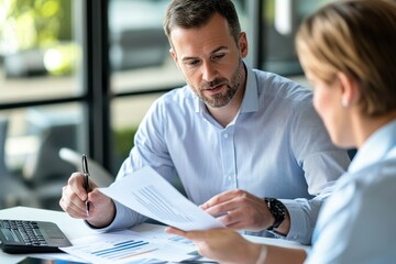 Experienced Financial Adviser Giving In-Depth Tax Planning Advice to Client in Profile View