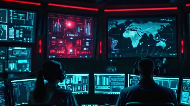 The video shows two people sitting in front of a wall of computer screens displaying maps and charts, likely in a control room or security center.
