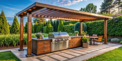 render of a luxurious outdoor garden pergola with a built-in gas grill, outdoor, garden, pergola, gas grill, render