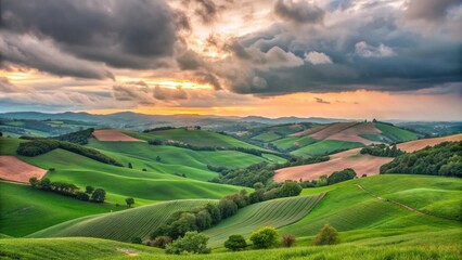 Rolling Green Hills Under Clouds Background