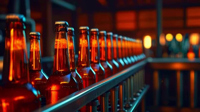 The video shows a row of brown glass bottles, likely beer bottles, on a metal rack. The bottles are illuminated with warm, orange light.