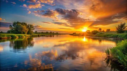 Sunset casting a warm glow on a calm river , tranquil, reflection, dusk, nature, beauty, scenic, peaceful, water, evening