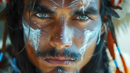 A stunning headdress featuring striking feathers in vibrant red, yellow, and blue shades, showcasing detailed craftsmanship, cultural heritage, and a visually appealing design.