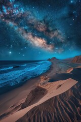 Stunning night view of the Milky Way galaxy illuminating a serene desert coastline, blending the beauty of the stars with sandy dunes.