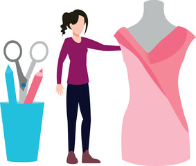 A girl is designing a dress on a mannequin.