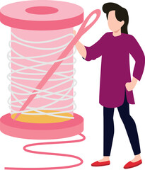 A girl is looking at a thread and a needle.