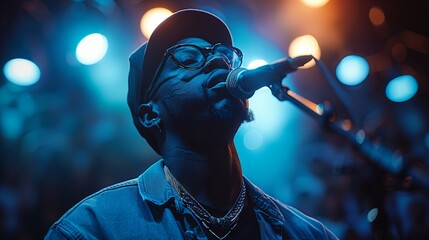 Musician Performing Live on Stage Under Colorful Lights in an Indoor Venue