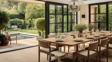 Fototapeta premium Modern Dining Room with View to Elegant Garden