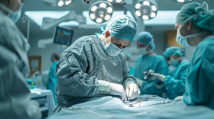 Surgical Team Performing Complex Operation in Modern Hospital Operating Room. Generative AI