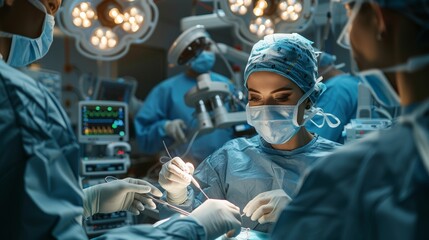 Surgical Team Conducts Procedure in Operating Room With Advanced Equipment at Hospital. Generative AI