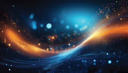 Glowing abstract digital background featuring a stream of orange and blue particles and light.