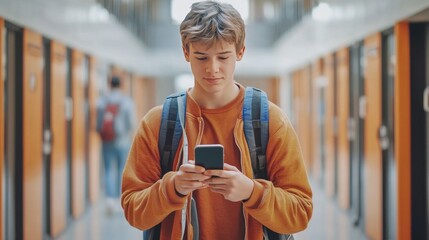 Teenage Boy in Red Hoodie Using Smartphone in School Hallway