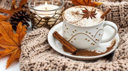 A cozy autumn scene with cinnamon and leaf accents