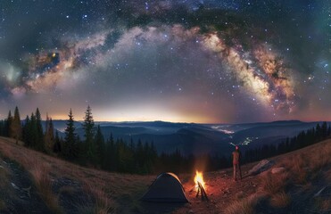 Stunning Milky Way Illuminates Forest Night With Campfire and Tent Under Starry Sky