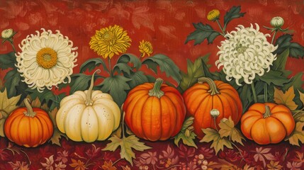 pumpkins and chrysanthemums in the colors orange, yellow and white 