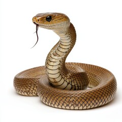 Fototapeta premium Indian Cobra Displaying Signature Hood and Forked Tongue on White Background