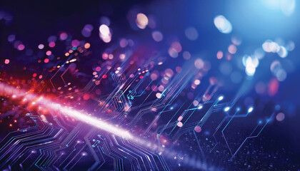 Obraz premium A vibrant digital landscape with glowing red and blue particles hovering above a circuit board pattern.