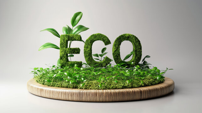 3d word eco with green plants on wooden podium over white background, ecology and environment concept