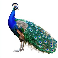Obraz premium Indian Peafowl Displaying Its Vibrant Feathers Against A White Background