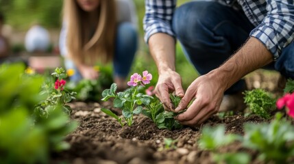 Couple planting flowers in a garden