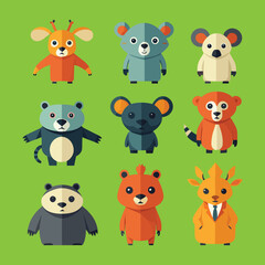 Obraz premium Set of cute anthropomorphic animal characters isolated on green background. Koala, monkey and giraffe design perfect for children's illustrations 