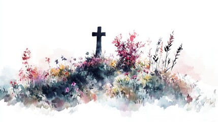 Watercolor Painting of Skull with Cross and Candles. All Saints Day