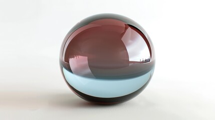 Reflective glass sphere with a blend of blue and brown hues, placed on a white background, showcasing minimalistic design and abstract art with a glossy surface and soft light reflections