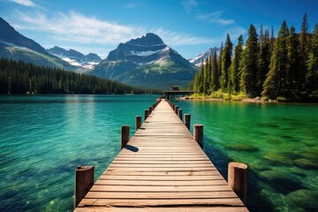 Beautiful Turquoise Lake with Wooden Dock and Mountains in Glacier National Park, British Columbia Vibrant Clear Blue Sky, Sunlight Reflecting on Water