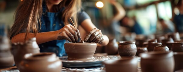 Close-up of hands shaping clay pottery on a potter's wheel, showcasing skill and craftsmanship in a ceramics workshop.