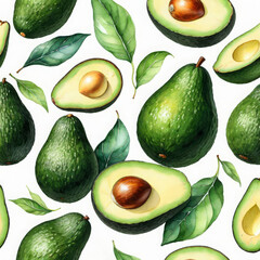 Avocado made in watercolor. White background.