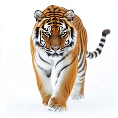 Naklejka premium Siberian Tiger Walking Gracefully on White Background in Winter Setting