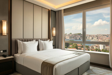 Luxury minimalist hotel room with large bed and day city view