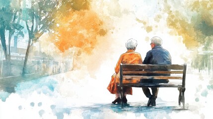 Elderly Couple Enjoying Autumn Park on Bench. International Day Of Older Persons