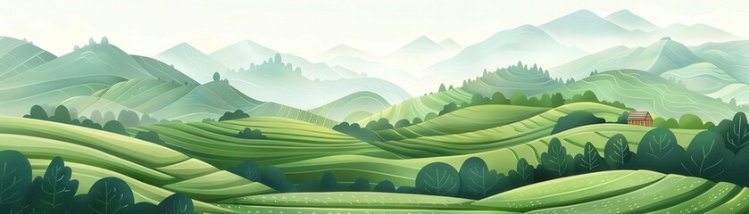 Rice terraces, vibrant green, mountainous background, Watercolor style