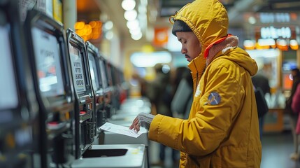 Young Person in Yellow Coat Using Ticket Machine in Busy Train Station at Evening. Generative AI
