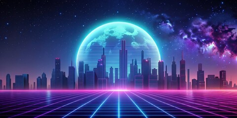 Neon-lit retro futuristic cityscape with moon backdrop, neon lights, retro, futurism, cityscape, moon, night, skyline