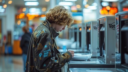 Young Individual Engaged in Voter Registration Process at Local Office During Late Afternoon Hours. Generative AI