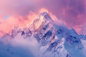 Majestic Snowy Mountain Peak Under Pink Sky at Dusk With Colorful Clouds