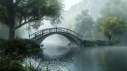 Bridge overlooking a peaceful the lake