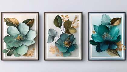 set of three banners with flowers,,Serene Bloom: Olive and Cyan Floral Elegance,flower, flowers, nature, floral