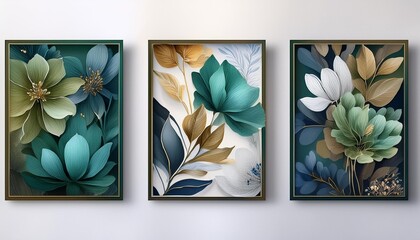 set of three banners with flowers,,Serene Bloom: Olive and Cyan Floral Elegance,flower, flowers, nature, floral