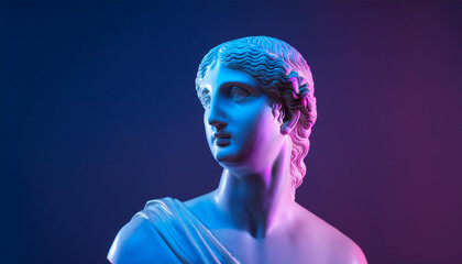 Ancient statue in vaporwave style with a glowing blue neon head, minimalistic and creative art